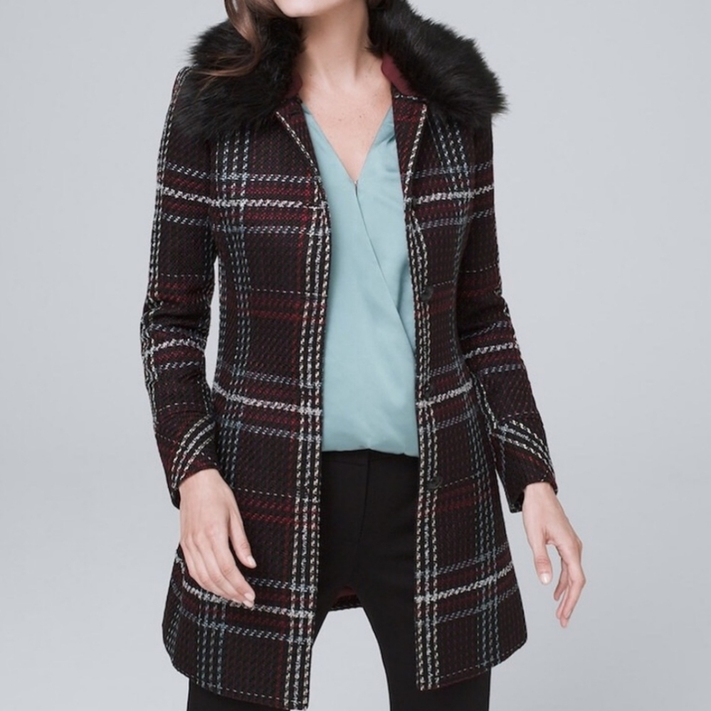 WHBM NWOT Plaid Topper with removable Faux Fur Collar